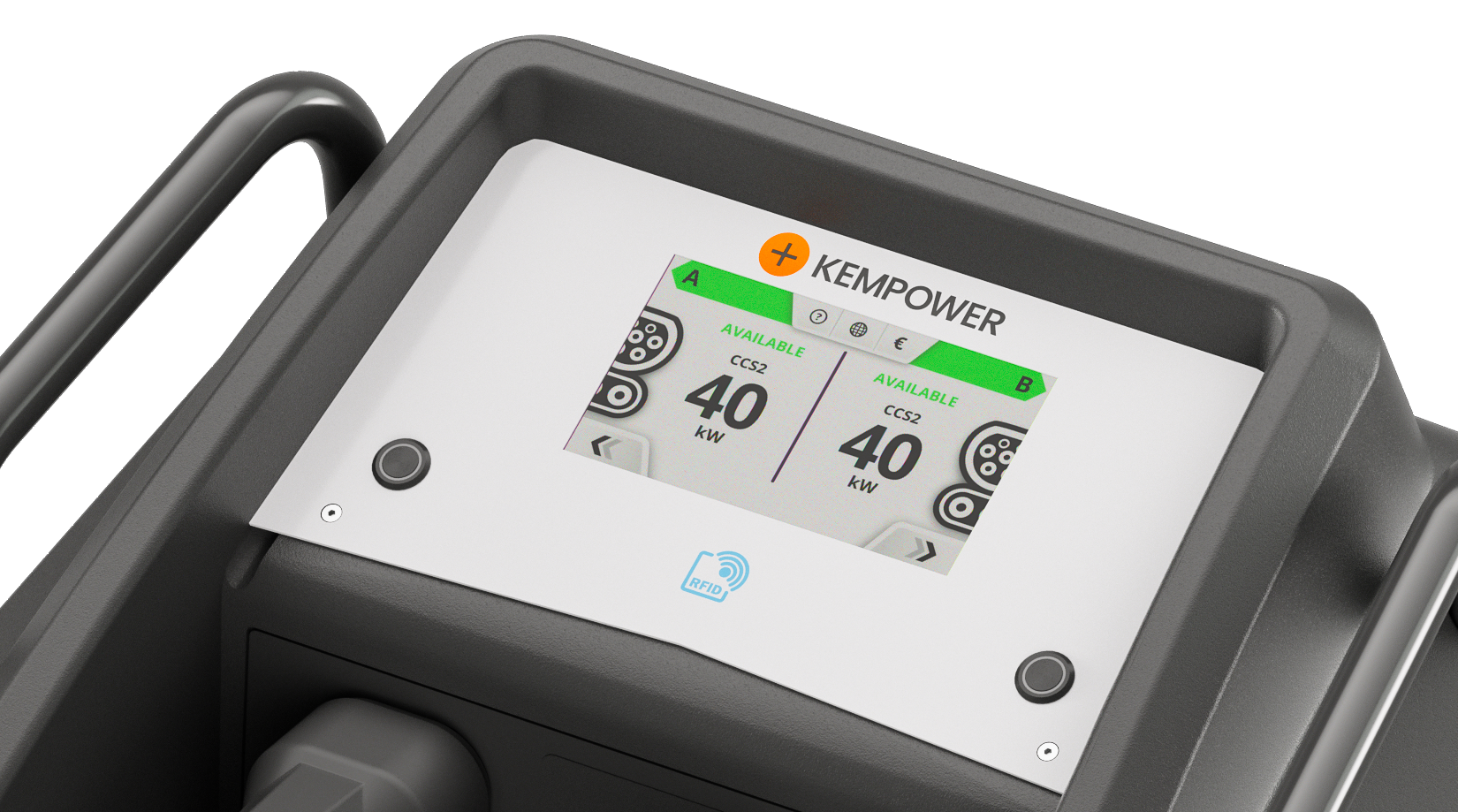 Kempower Movable Charger Detailansicht des Displays und Ladesteckeranzeige