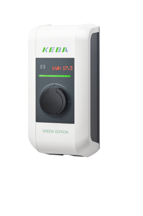 Keba P30 Green Edition Wallbox mit LED-Schriftanzeige und ohne Ladekabel aus seitlicher Perspektive