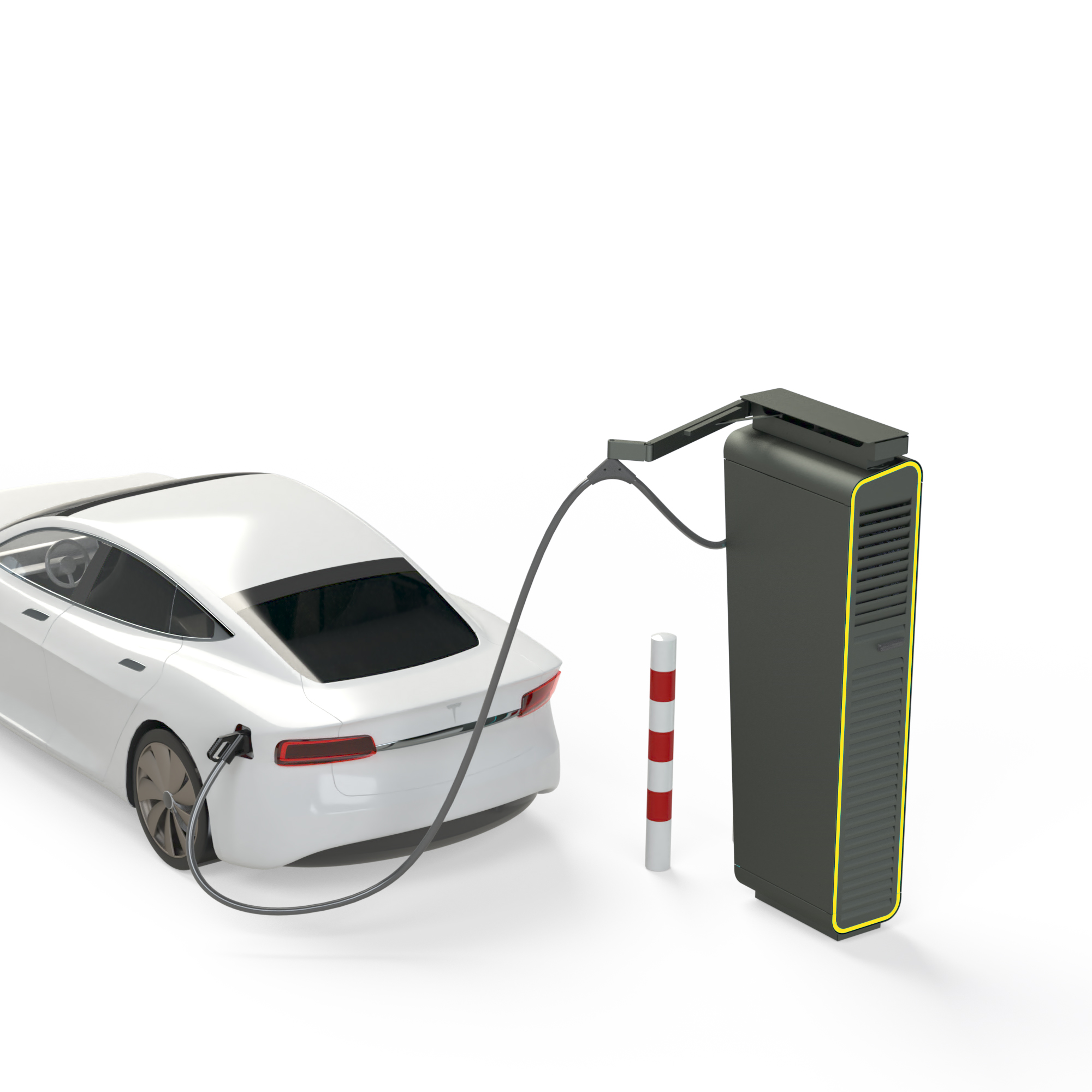 Elektroauto parkt an Alpitronic Hypercharger mit Kabelmanagement für HYC150 mit einem Kabel