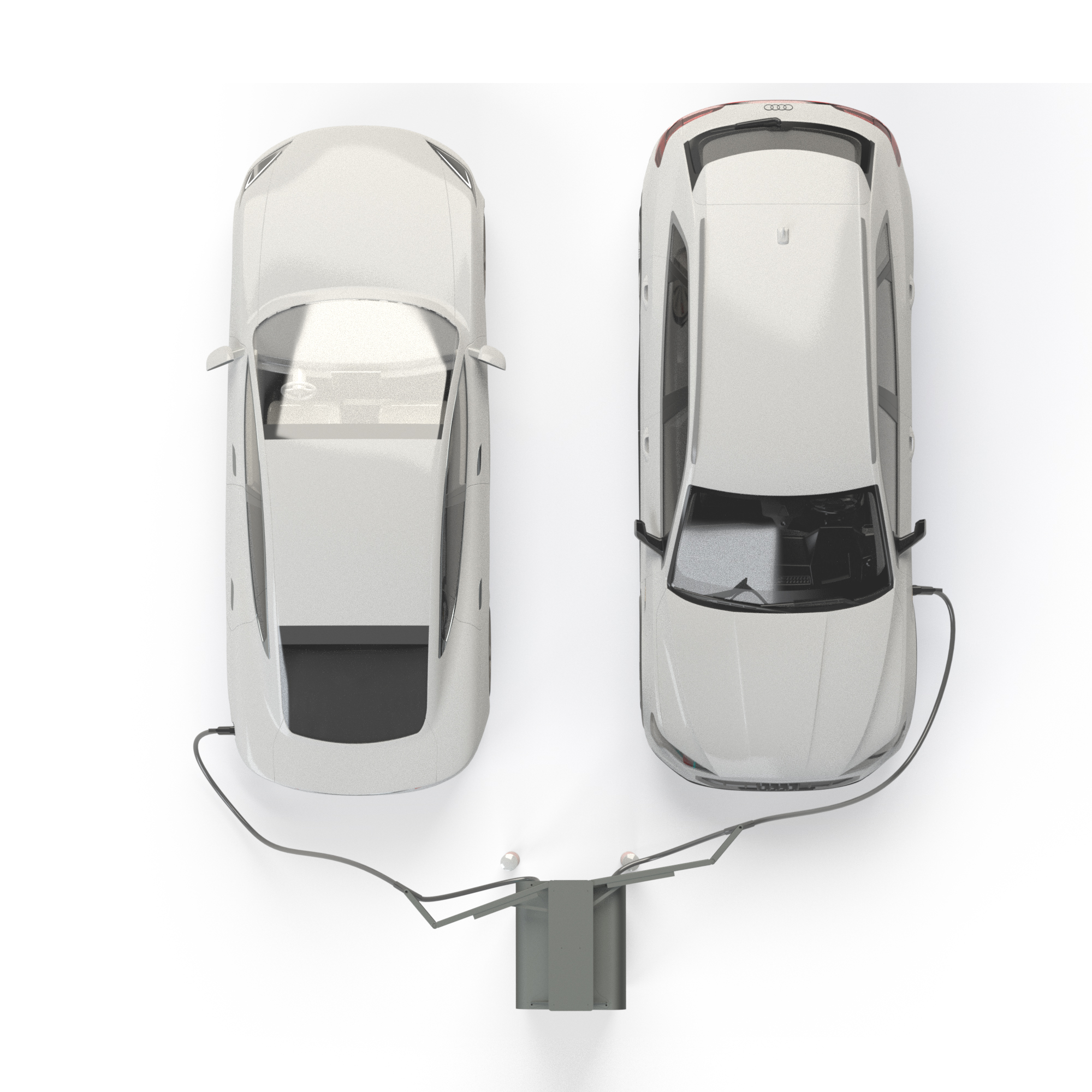 zwei Elektroautos parken an Alpitronic Hypercharger mit Kabelmanagement für HYC300 mit zwei Kabeln