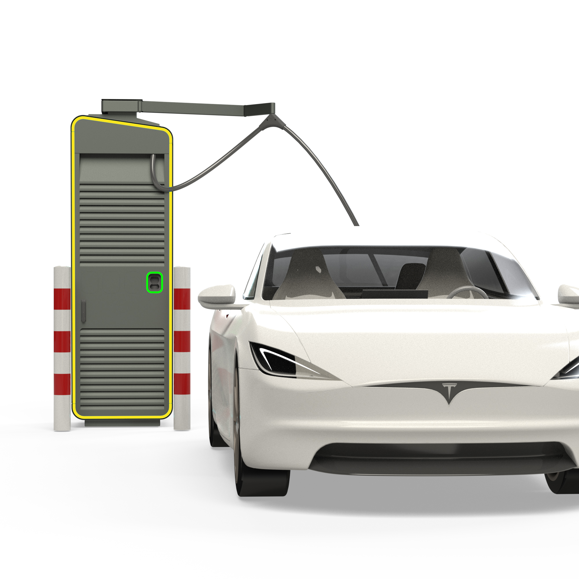 ein Elektroauto parkt an Alpitronic Hypercharger mit Kabelmanagement für HYC300 mit einem Kabel