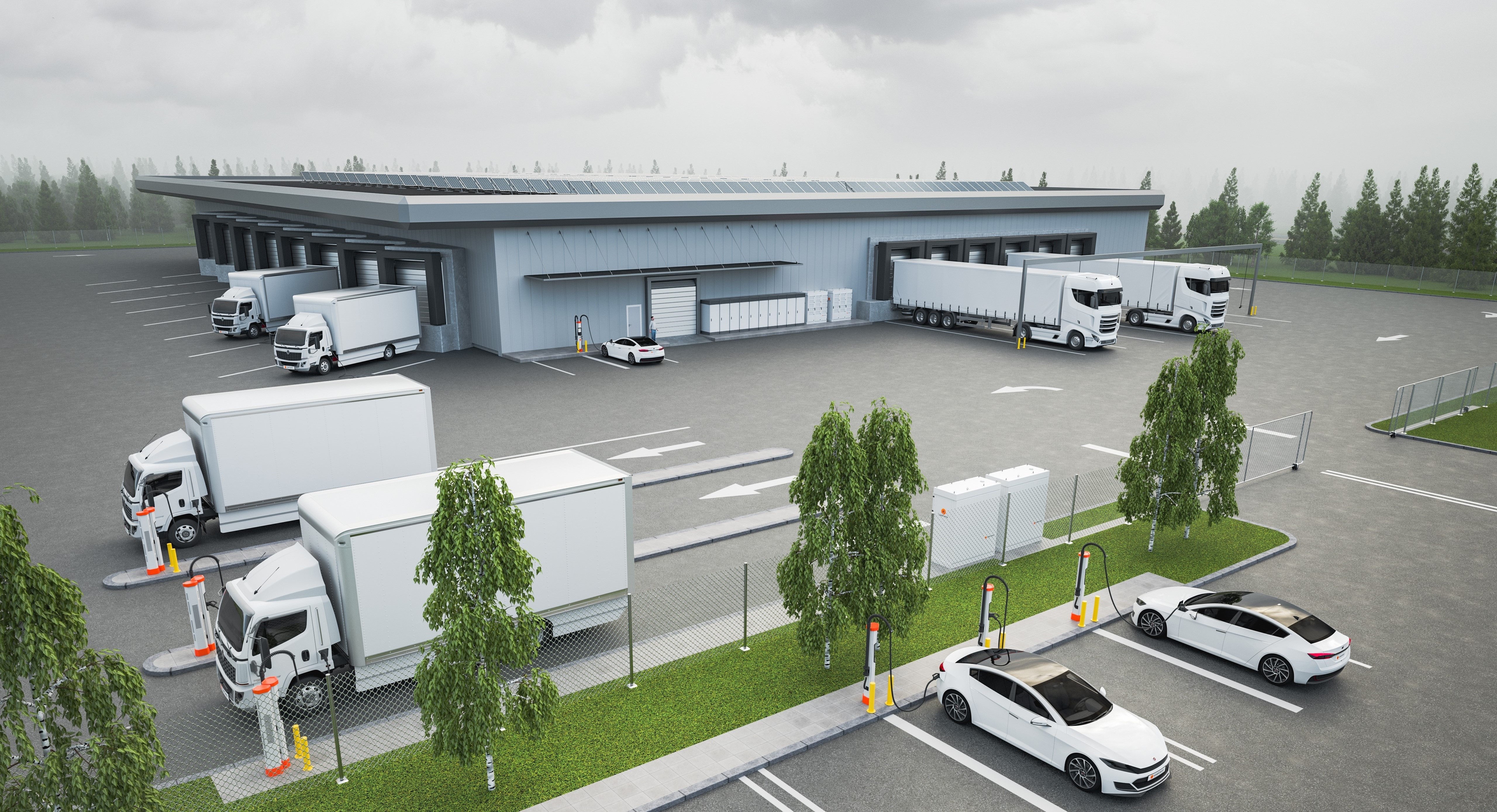 E-LKW und E-Autos im Depot mit Kempower Ladestationen