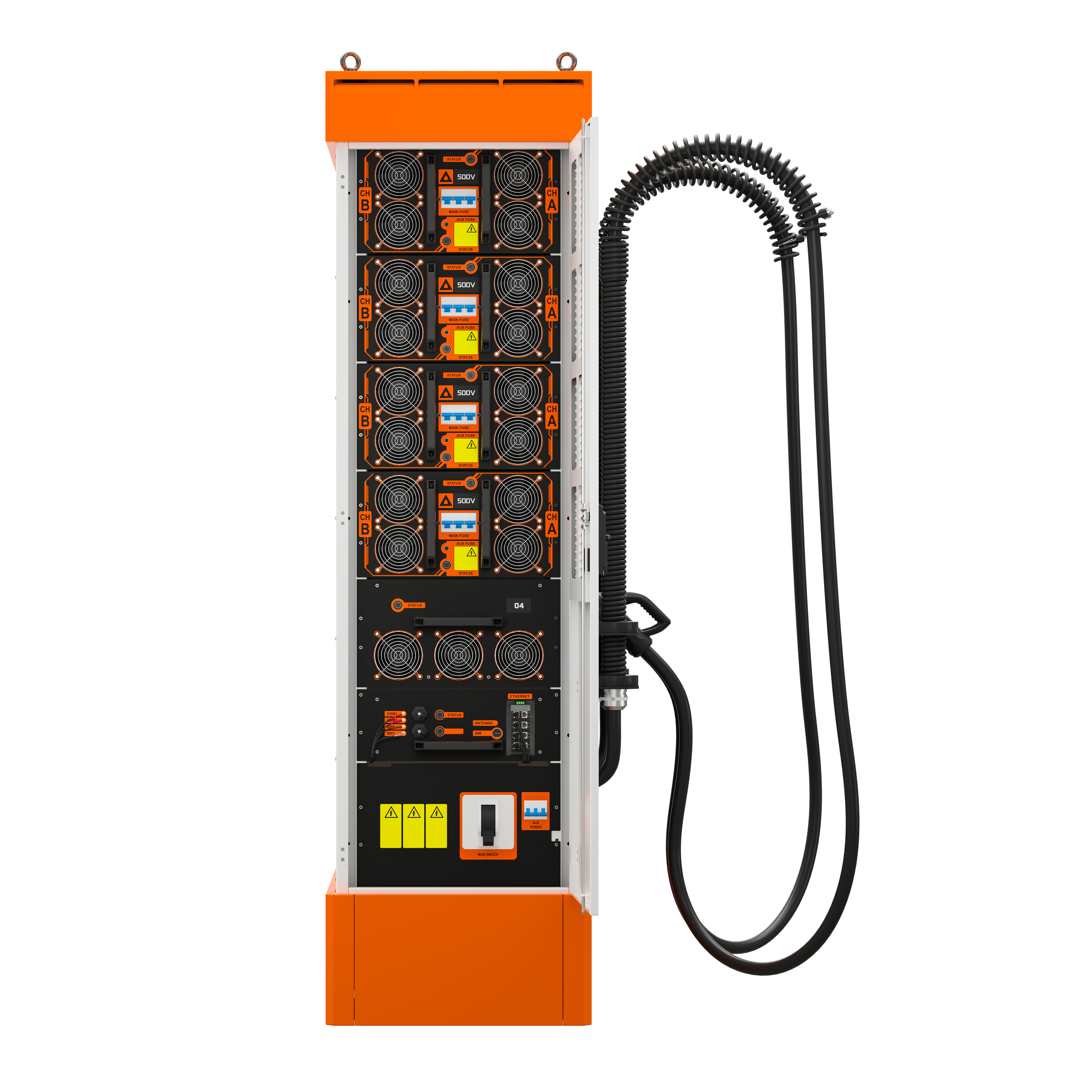 Kempower C-Station Kabinett seitliche Ansicht auf Leistungseinheit im inneren der Ladestation