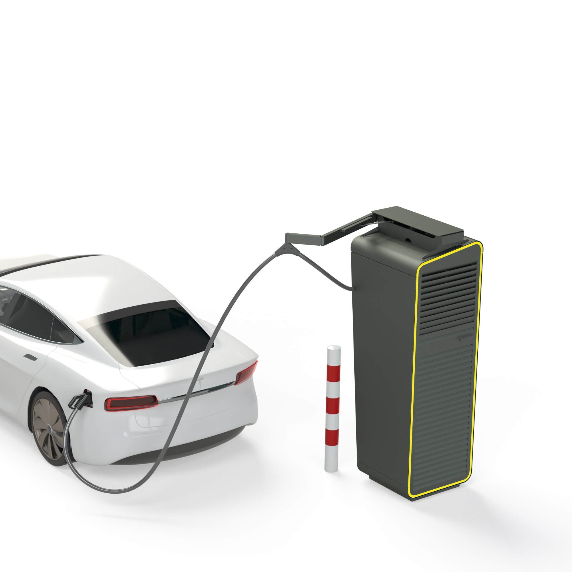 ein Elektroauto parkt an Alpitronic Hypercharger mit Kabelmanagement für HYC300 mit einem Kabel