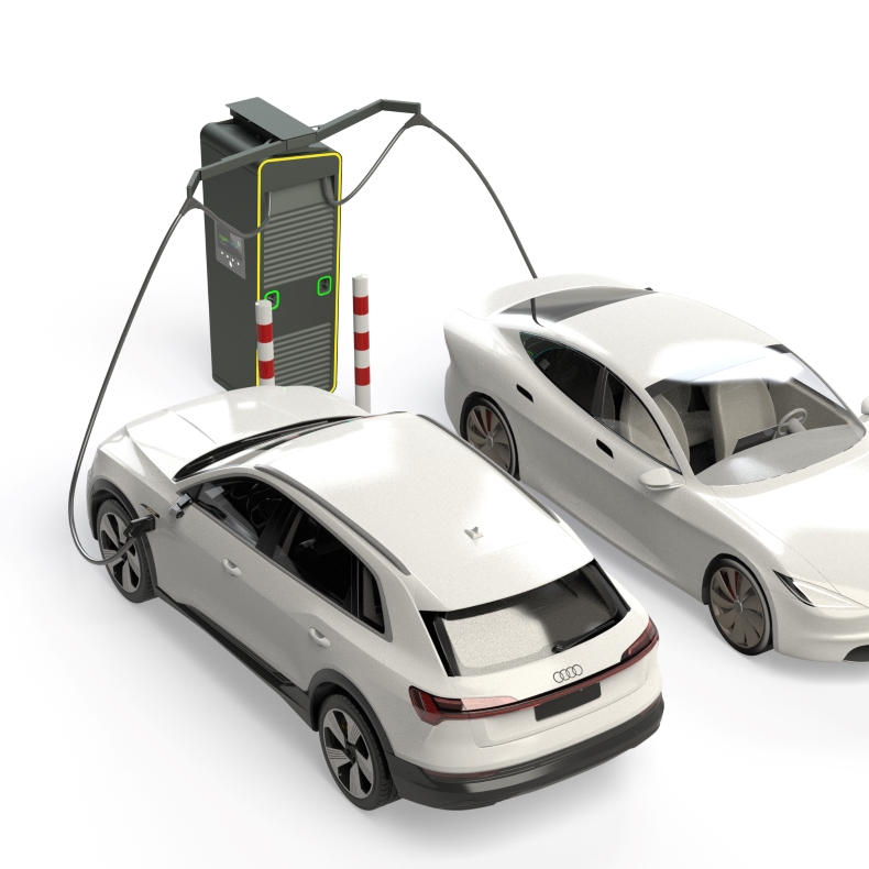 zwei Elektroautos parken an Alpitronic Hypercharger mit Kabelmanagement für HYC300 mit zwei Kabeln